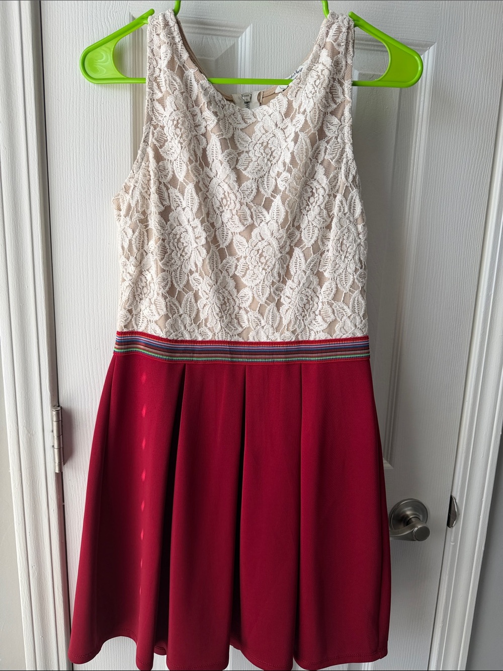 Juniors Lace Bodice Red Skater Dress with Cream Top